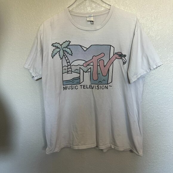 Original Vintage MTV Flamingo Palm Tree T shirt 1990 - Picture 1 of 4
